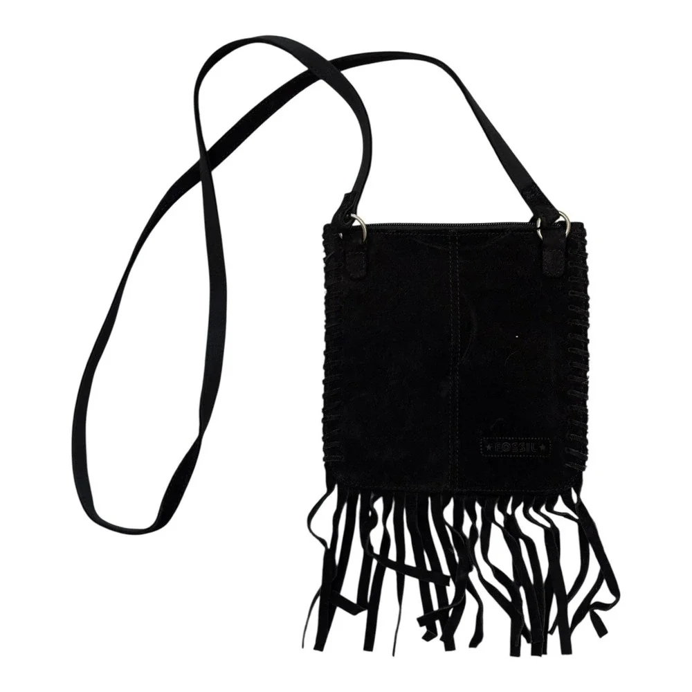 Fossil Crossbody Purse Black Suede Animal Print Fringe‎ Inside Zipper Pocket